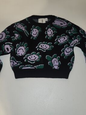 COLLUSION Black Floral Smiley Crewneck Sweater in Lavender & Green